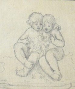 Ilegible - "Dos bebés jugando" dibujo lápiz papel, enmarcado