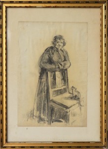 Juan Vicente Barrio, Juanvi, La criada con el gato, dibujo carboncillo papel, enmarcado, dibujo 32x21 cms. y marco 46x33 cms. (6)