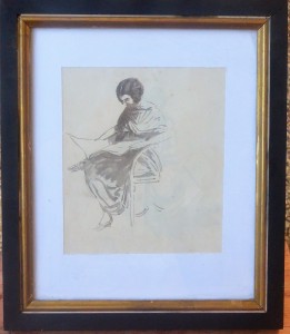 Mallo Cristino, Mujer sentada leyendo, dibujo aguada papel, enmarcado, dibujo 22,50x19 cms. y marco 38,50x33 cms (7)