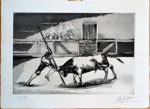 Martín Simón José, Tauromaquia, garrocha, grabado aguarfuerte, edición xx ejemplares, numerado y firmado a lápiz, huella 21x31,50 cms. y papel 28,50x37,50 cms. (17)