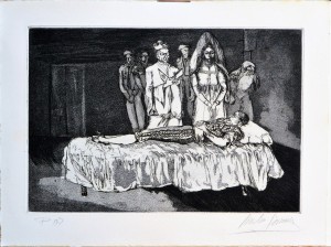 Martín Simón José, Tauromaquia, muerte del torero, grabado aguarfuerte, edición xx ejemplares, numerado y firmado a lápiz, huella 21x31,50 cms. y papel 28,50x37,50 cms. (53)