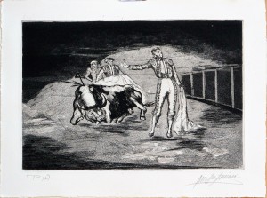 Martín Simón José, Tauromaquia, muerte del toro, grabado aguarfuerte, edición xx ejemplares, numerado y firmado a lápiz, huella 21x31,50 cms. y papel 28,50x37,50 cms. (1)