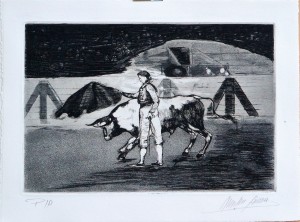 Martín Simón José, Tauromaquia, pase taurino, grabado aguarfuerte, edición xx ejemplares, numerado y firmado a lápiz, huella 21x31,50 cms. y papel 28,50x37,50 cms. (39)