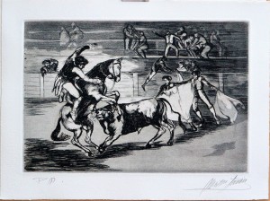 Martín Simón José, Tauromaquia, toreo a caballo, grabado aguarfuerte, edición xx ejemplares, numerado y firmado a lápiz, huella 21x31,50 cms. y papel 28,50x37,50 cms. (42)