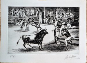Martín Simón José, Tauromaquia, toros en la plaza del pueblo, grabado aguarfuerte, edición xx ejemplares, num y firmado a lápiz, huella 21x31,50 cms. y papel 28,50x37,50 cms. (