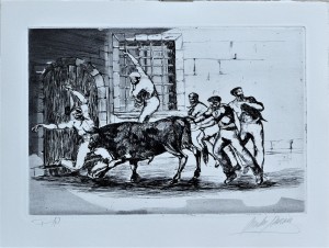 Martín Simón José, Tauromaquia, toros por las calles, grabado aguarfuerte, edición xx ejemplares, numerado y firmado a lápiz, huella 21x31,50 cms. y papel 28,50x37,50 cms. (24)