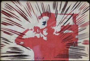Pagola Javier, Autorretrato en rojo, monotipo, enmarcado, papel 10,50x15,50 cms. y marco 16x21 cms. (2)