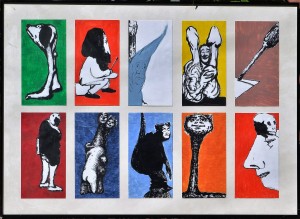 Pagola Javier, conjunto de 10 dibujos técnica mixta cartulina, 21,50x11 cms. cada uno, marco 54x75 cms (14)