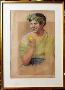 Peña Maximino, Joven comiendo una manzana, dibujo técnica mixta papel enmarcado, dibujo 55x36 cms. y marco 71x51 cms. (1)