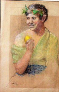 Peña Maximino, Joven comiendo una manzana, dibujo técnica mixta papel enmarcado, dibujo 55x36 cms. y marco 71x51 cms. (5)