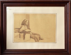 Varela Eulogio, Estudio de mujer sentada II, dibujo tinta y aguada papel, enmarcado, dibujo 19×27,5 cms. y marco 36,50×46,50 cms (1)