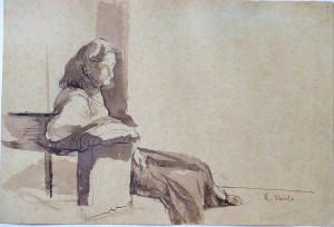 Varela Eulogio, Estudio de mujer sentada II, dibujo tinta y aguada papel, enmarcado, dibujo 19×27,5 cms. y marco 36,50×46,50 cms (3)