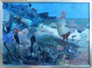 alcorlo manuel 1972, El gallo en la playa, pintura oleo tabla, enmarcado, pintura 100x73 cms. y marco 103x76 cms. (17)