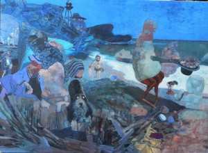 alcorlo manuel 1972, El gallo en la playa, pintura oleo tabla, enmarcado, pintura 100x73 cms. y marco 103x76 cms. (6)