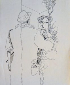 Manuel Alcorlo - "Encuentro en el jardín" dibujo tinta papel, enmarcado