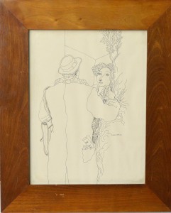Alcorlo Manuel, Encuentro en el jardín, dibujo tinta papel, enmarcado, papel 32×24 cms. y marco 42×35 cms (3)
