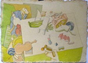 Alcorlo Manuel, Juguetes, dibujo lápiz y acuarela papel artesanal, enmarcado, dibujo32x44 cms. y marco 57x72 cms. (4)