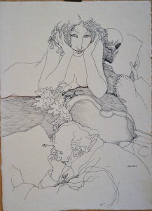 Alcorlo Manuel, Schubert, La muerte y la doncella, dibujo tinta papel, enmarcado, dibujo 34x25 cms. y marco 56x46 cms. (24)