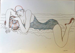 Alcorlo Manuel, Sobre las olas, dibujo tinta papel, enmarcado, dibujo 22x32 cms. y marco 31x42 cms (11)