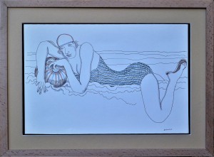 Alcorlo Manuel, Sobre las olas, dibujo tinta papel, enmarcado, dibujo 22x32 cms. y marco 31x42 cms (9)