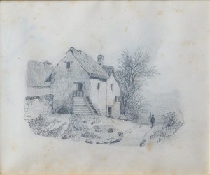 Anónimo francés, Casa de campo, dibujo finales siglo XIX lápiz papel, enmarcado, dibujo 14,50x17,50 cms. y marco 22,50x25 cms. (4)