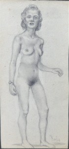 Barba Juan, Mujer desnuda con reloj, dibujo lápiz papel, enmarcado, dibujo 16,50x7,50 cms. y marco 40x31 cms. (5)