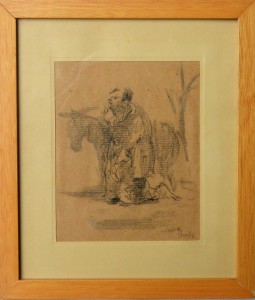 Barba Juan, Personaje orando con burro, dibujo carboncillo papel, enmarcado, dibujo 18x15 cms. y marco 29,50x25,50 cms (1)