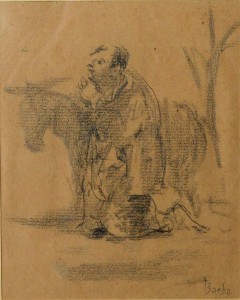 Barba Juan, Personaje orando con burro, dibujo carboncillo papel, enmarcado, dibujo 18x15 cms. y marco 29,50x25,50 cms (2)