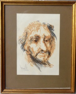 Juan Vicente Barrio Juanvi, Cabeza de caballero, dibujo carboncillo y aguada papel, enmarcado, dibujo 23x16 cms. y marco 34,50x28 cms. (1)