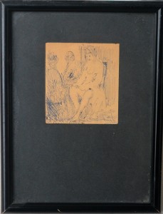 Juan Vicente Barrio Juanvi, escena doméstica, dibujo tinta papel, enmarcado, dibujo 8x7,50 cms. y marco 21x16 cms. (1)