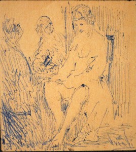 Juan Vicente Barrio Juanvi, escena doméstica, dibujo tinta papel, enmarcado, dibujo 8x7,50 cms. y marco 21x16 cms. (2)