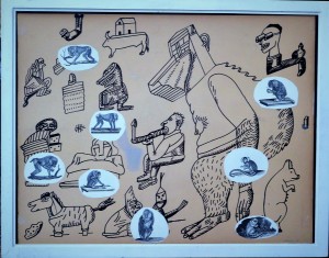 Pagola Javier, Entre los simios, dibujo tinta y collage cartulina, enmarcado, dibujo 49x63 cms. y marco 00x00 cms (9)