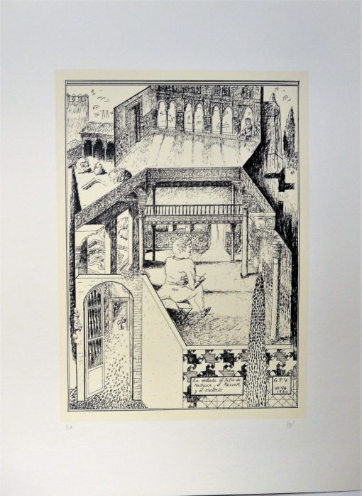 Guillermo Perez Villalta - "Una visita a la Alhambra, la entrada, el patio de Machuca" serigrafía