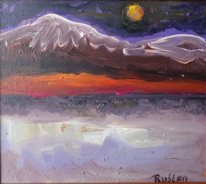 Ruslan, Paisaje con montaña nevada, pintura oleo tabla, enmarcado, pintura 23x26 cms. y marco 26x29 cms. (1)