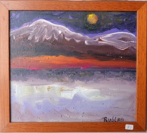 Ruslan, Paisaje con montaña nevada, pintura oleo tabla, enmarcado, pintura 23x26 cms. y marco 26x29 cms. (3)