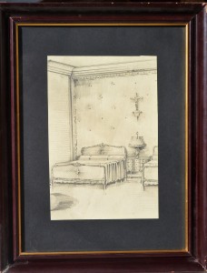Anónimo, El dormitorio, dibujo lápiz papel principios siglo XX, enmarcado, dibujo 27,50x18,50 cms. y marco 45x35 cms. (2)