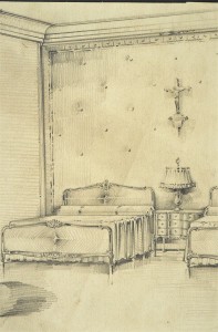 Anónimo, El dormitorio, dibujo lápiz papel principios siglo XX, enmarcado, dibujo 27,50x18,50 cms. y marco 45x35 cms. (3)