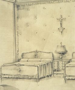 Anónimo - "El dormitorio" dibujo lápiz papel principios siglo XX, enmarcado