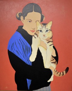 Ortés Luis Valcarcel, Chica con su gato, pintura acrílico lienzo, enmarcado, pintura 81x65 cms. y marco 85x69 cms. (1)