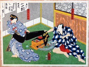 Toyokuni, La esposa de Okashichi en La Casa de la Concubina, Xilografía original color, edición de 298 ejemplares, 8x51 cms. (2)