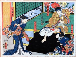 Toyokuni, Las máscaras resentidas la monka Keidai y la concubina graciosa Mura en la vida de Yaso Tsutsuragi, Xilografía original color, edición de 298 ejemplares, 38x51 cms. (1)