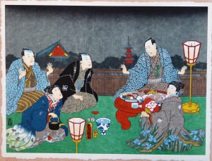 Toyokuni, Reunión de personajes con paisaje de Kinsyu al fondo, Xilografía original color, edición de 298 ejemplares, 38x51 cms. (1)