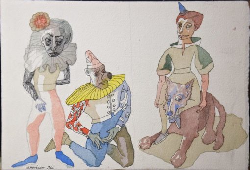 Jorge Castillo - "Payaso del circo y su familia" dibujo tinta y acuarela papel pegado a tabla, enmarcado
