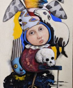 Luis Valcarcel Ortés - "¿Quién se esconde? o Niño de luna" grafito, pigmento, acrílico y tinta sobre papel pegado a madera, enmarcado