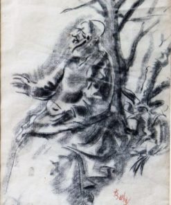 Juan Barba - "Monje sentado en el huerto" dibujo carboncillo papel, enmarcado