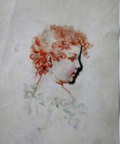 Firma Ilegible - "Cabeza de niño" dibujo lapiz y acuarela papel, enmarcado