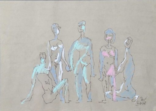Joachim Decker 1978 - "Cinco personajes en busca de autor" dibujo original técnica mixta cartulina, enmarcado
