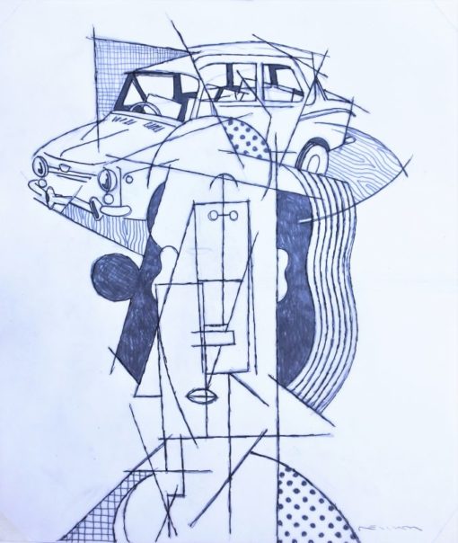 Fernando Bellver - "Seat 850-Pablo Picasso" serie coches-figuras, dibujo original grafito papel acetato