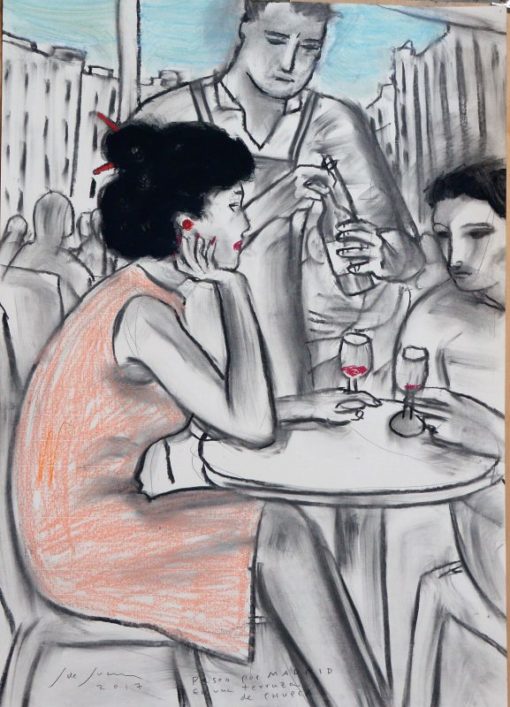 Javier de Juan - "Paseo por Madrid, en una terraza de Chueca" dibujo técnica mixta papel, enmarcado