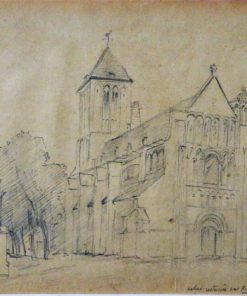 Ilegible francés - "Iglesia restaurada" dibujo lápiz papel, finales siglo XIX, enmarcado